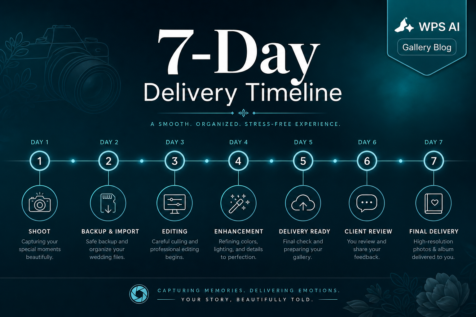 Seven day wedding photo delivery workflow timeline